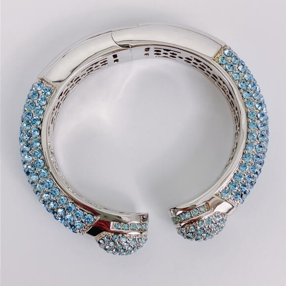 HSN Signed Joan Boyce Pavé Blue Crystal Silver Tone Hinged Cuff Bracelet Size 7 - Picture 5 of 15